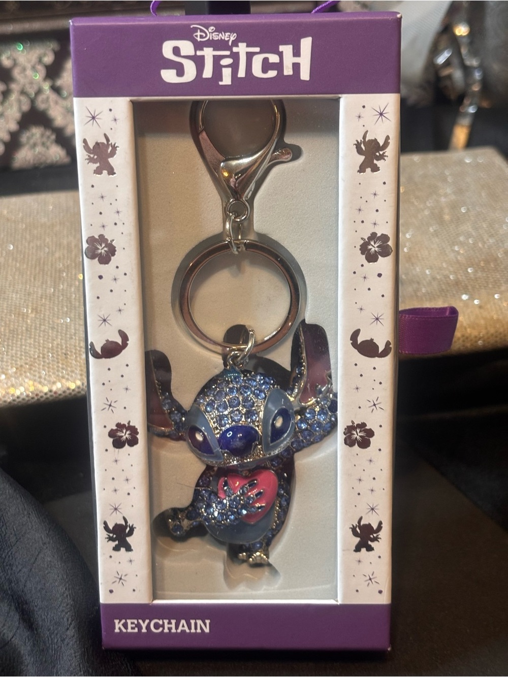Disney Stitch Sparkling Blue and Pink Heart Rhinestone Keychain